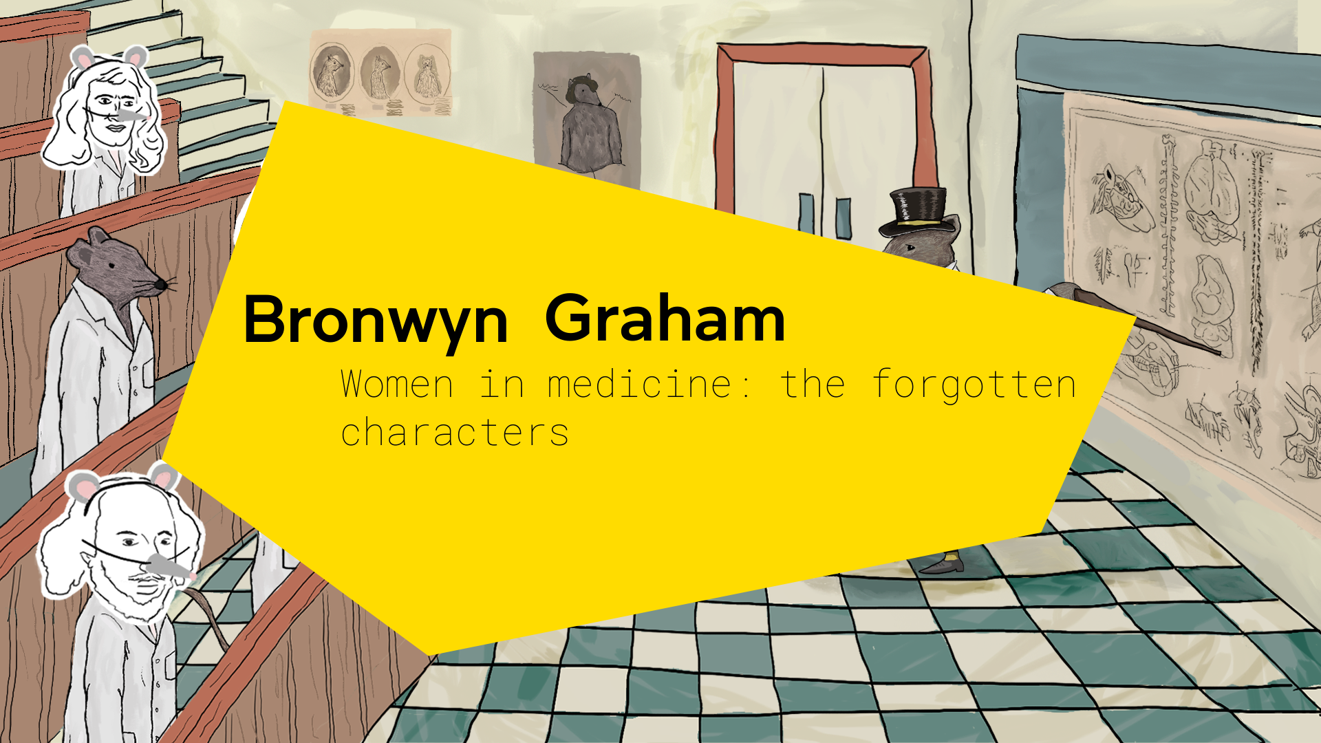 Illustration of rats and mice in an old school lecture hall