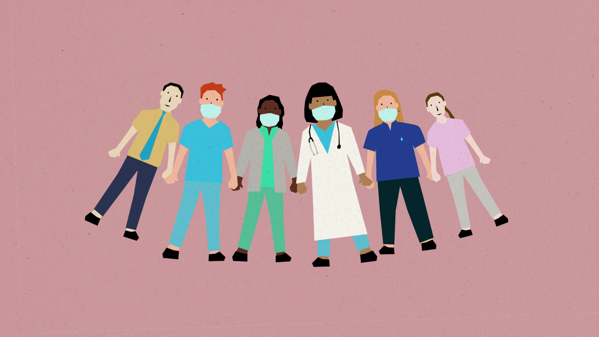 Pink background with care workers in a paper chain