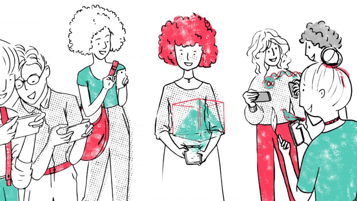 cartoon kids playing mobile games