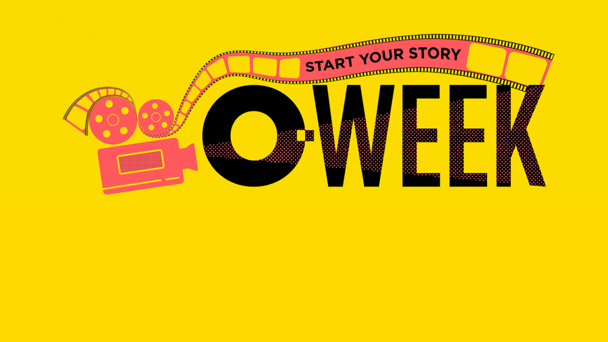 graphic image with movie camera and words O-Week