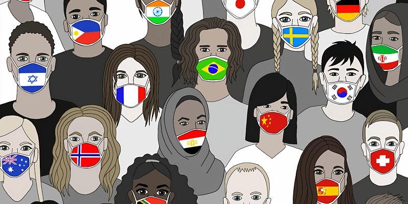 graphic of people in a crowd with face masks of international flags