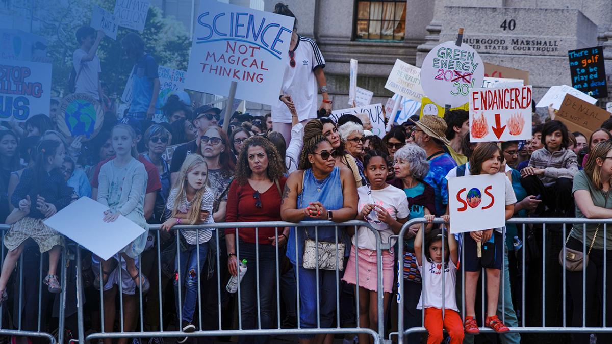 Protesters behind barricade