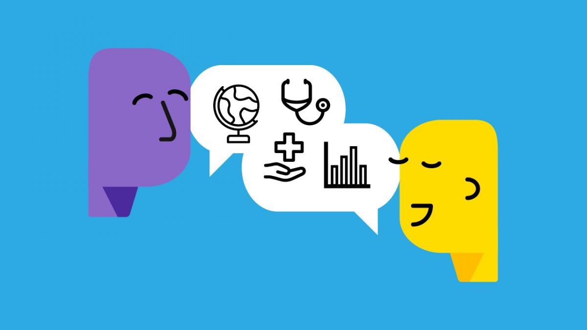 A graphic of two heads talking