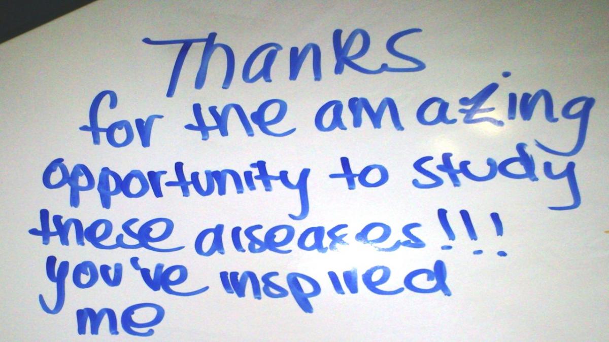 hoto of writing on a board saying 'thanks for the amazing opportunity to study these diseases. You've inspired me.'