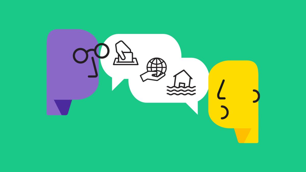 graphic with coloured heads and icons